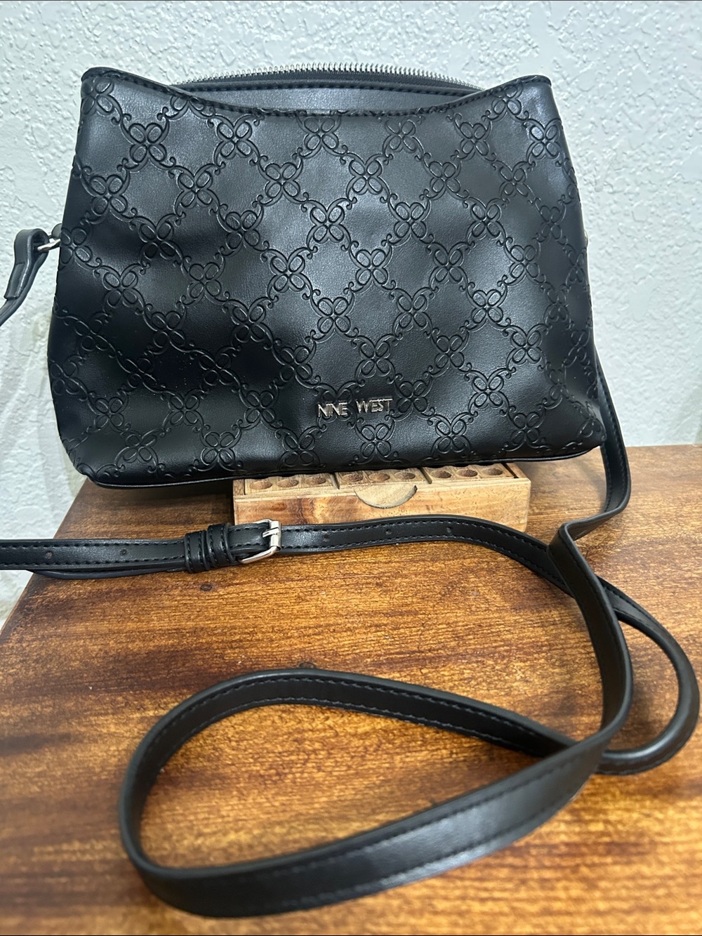 Nine West Black Embossed Faux-Leather Crossbody NWOT